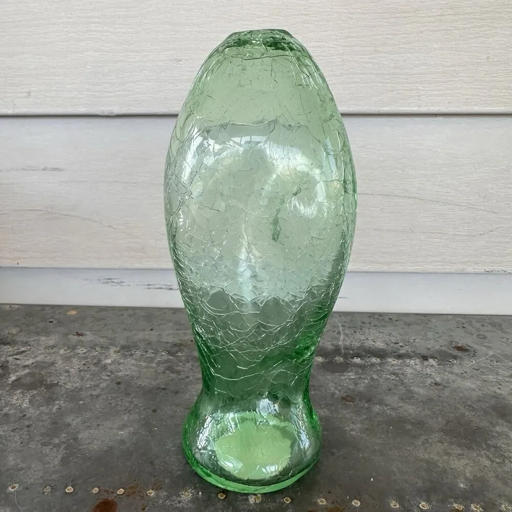 Vintage Pier 1 Green Crackle Glass Oil Lamp Base Vessel Urn Candle Holder 8”